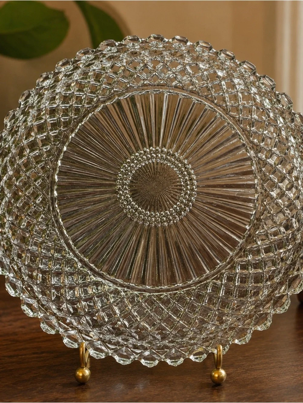 Vintage Clear Pressed Glass Serving Platter 12” Diamond Pattern Scalloped